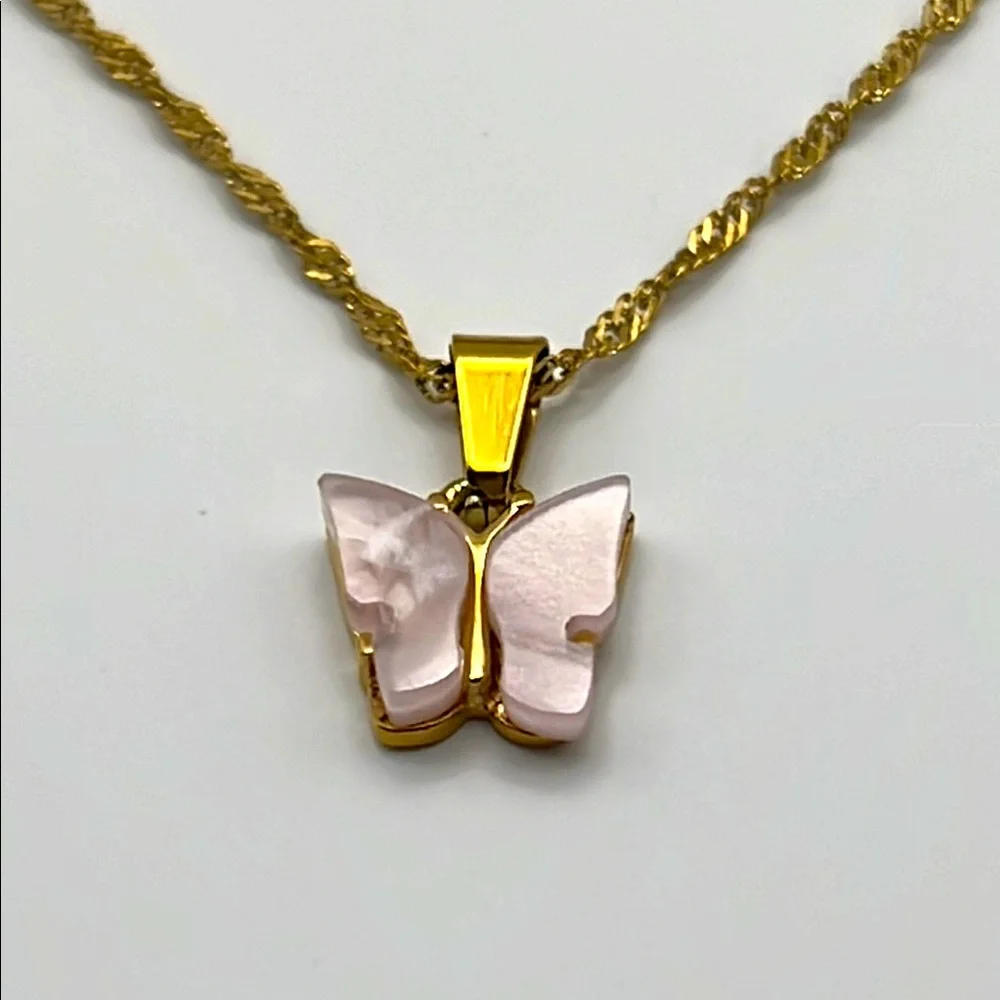 NWT 18KP Gold & Pink Butterfly Pendant, with gold tone Singapore chain, necklace - Picture 1 of 3